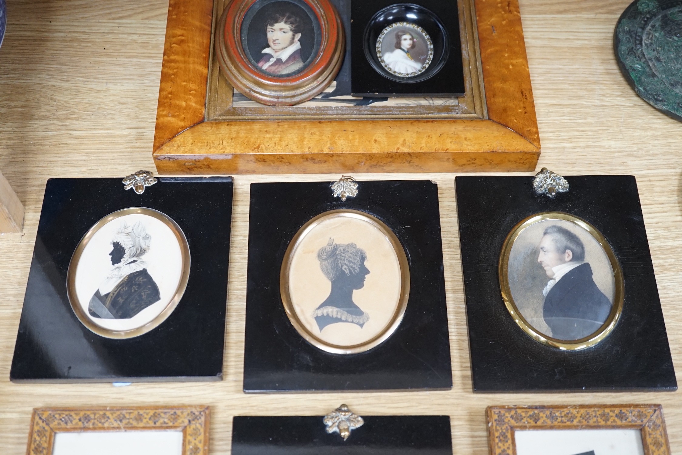 19th century English School, a group of silhouettes and portraits, largest 27 x 17cm